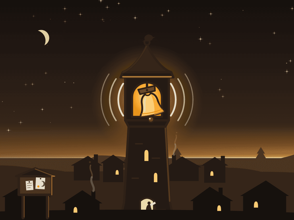 The Bell Must Ring cover art - the great bell ringing in the dawn over a sleeping village
