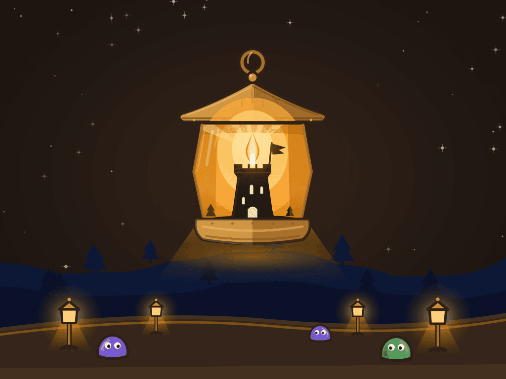 Lanternwatch cover art - a watch-lantern burning over a lane held by lanterns against walking blobs
