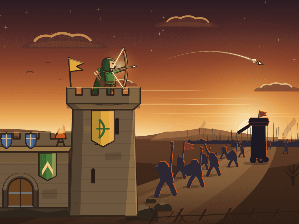 Last Wall: Oathbow cover art - an archer at full draw on the battlements as a raid comes up the road