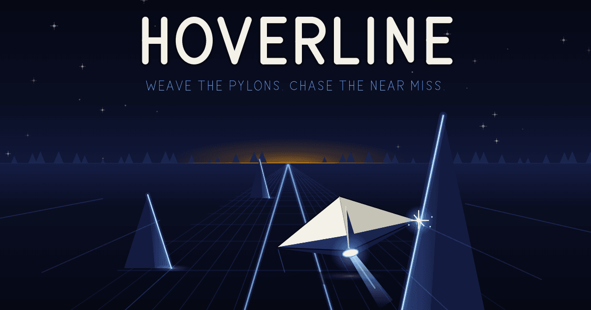 Hoverline key art - a hover-jet threading glowing pylon gates at speed