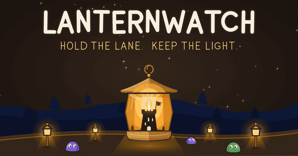 Lanternwatch key art - a watch-lantern burning over a lane held by lanterns against walking blobs